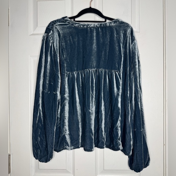 GARNET HILL Embroidered Yoke‎ Velvet Blouse Dusty Blue Size 14 Boho - Picture 2 of 7